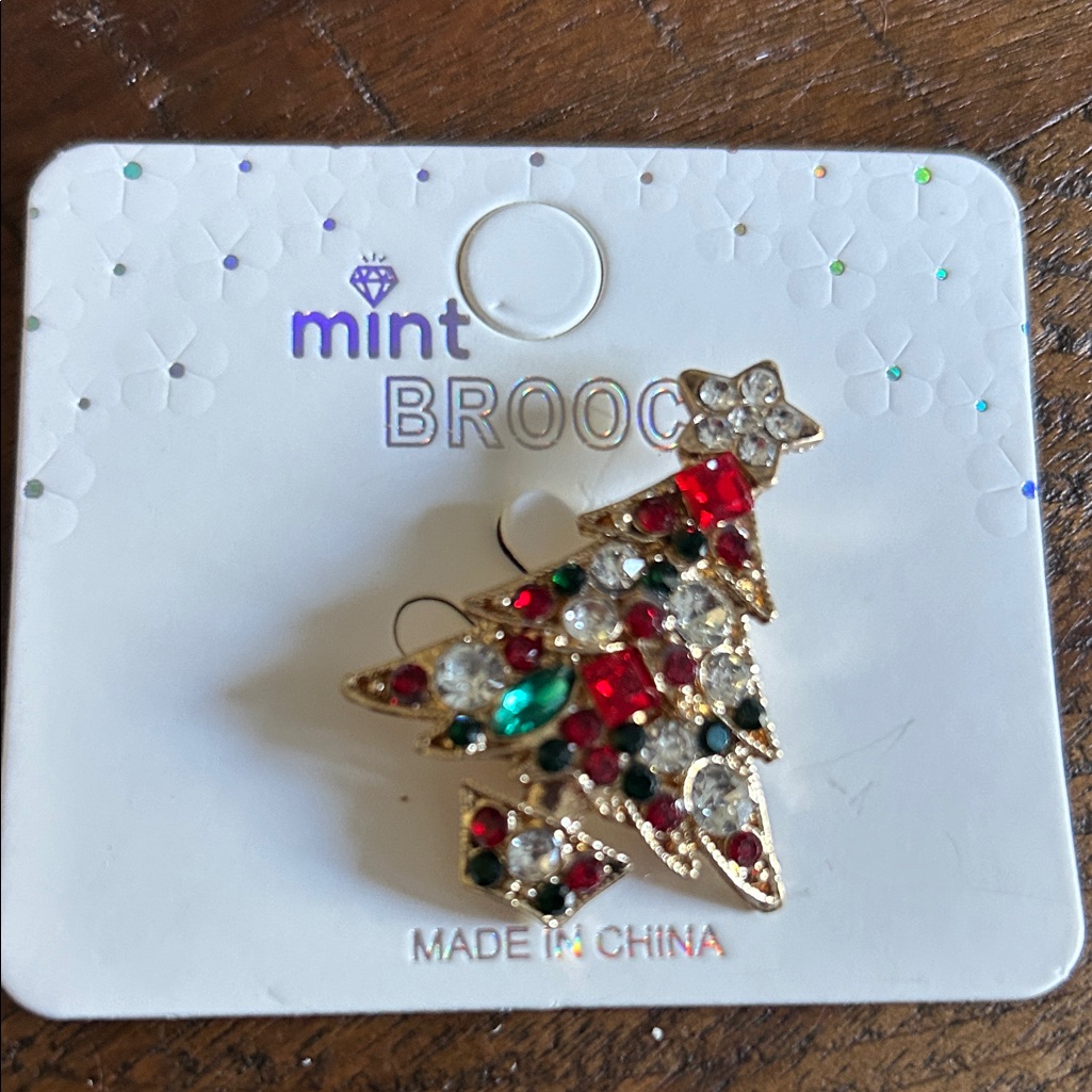 Mint Festive Tree Brooch With Colorful Stones
